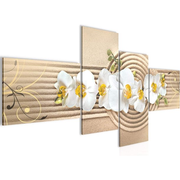 Stemningsbillede med sand og orchideer i 4 dele - 160 x 80 cm