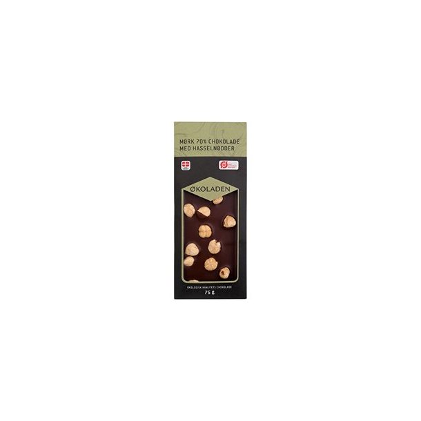 koladen 70% Chokolade m. Hasselndder, kologisk - 75 g.
