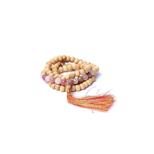 Malakde med Tulsiperler, Thulite og Rosenkvarts i AA kvalitet - 108 perler