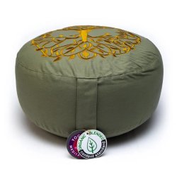 Yogi &amp; Yogini Meditationspude med boghvedeskaller i Olivengrn, Livets Tr - 33 x 17 cm