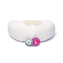 Yogi &amp; Yogini Meditationspude Halvmne med boghvedeskaller i Natur, Flower of Life - 37 x 17 x 13 cm