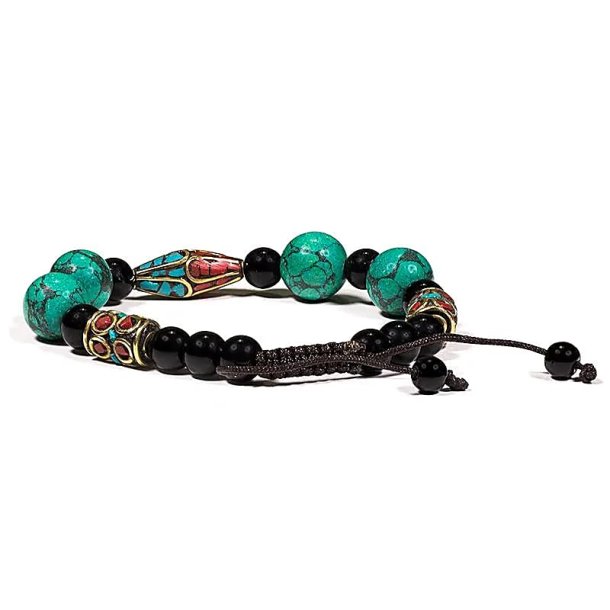 Armbnd med turkis, koral og sort agat, Justerbar - 1 stk.