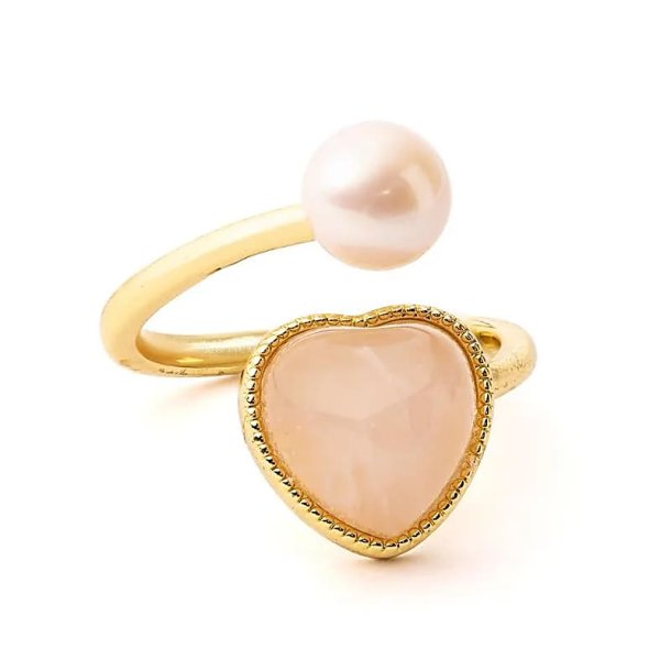 Ring med perle og rosenkvarts hjerte, Justerbar - 1 stk.