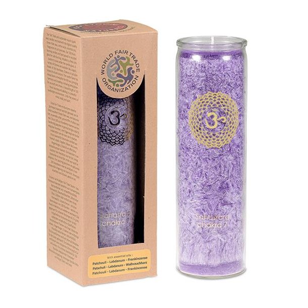 Chakraduftlys i glas med teriske olier - 7. chakra (Sahsrara)