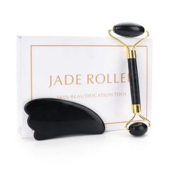 Gua Sha St med Ansigtsrulle og Massageredskab - Obsidian