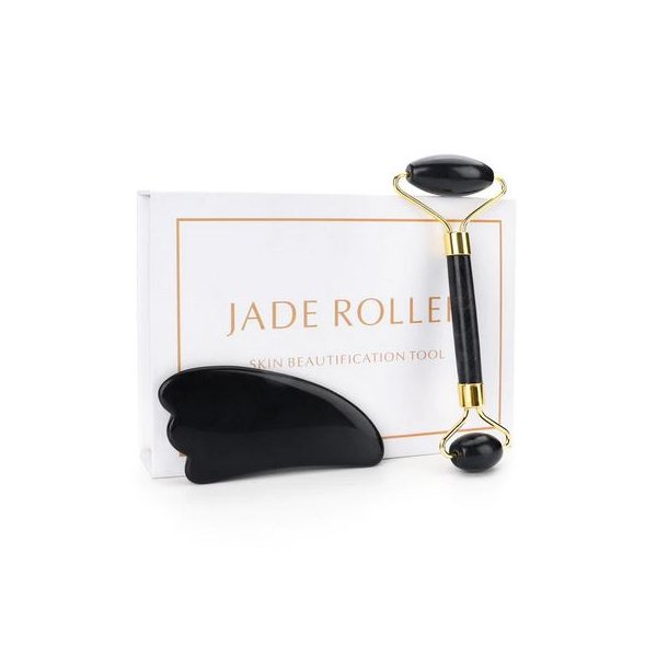 Gua Sha St med Ansigtsrulle og Massageredskab - Obsidian