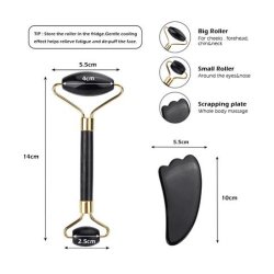 Gua Sha St med Ansigtsrulle og Massageredskab - Obsidian