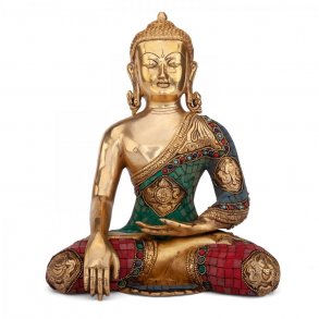 Buddha-statue med Bhumisparsha Mudra, Flerfarvet - 30 cm.