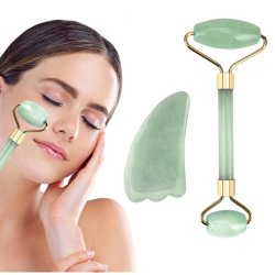 Gua Sha St med Ansigtsrulle og Massageredskab - Jade
