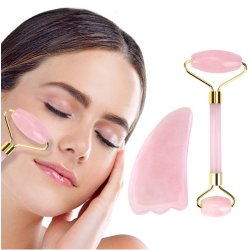 Gua Sha St med Ansigtsrulle og Massageredskab - Rosenkvarts