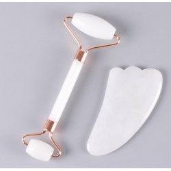 Gua Sha St med Ansigtsrulle og Massageredskab - Hvid Jade