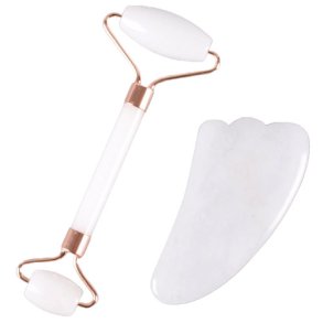 Gua Sha St med Ansigtsrulle og Massageredskab - Hvid Jade