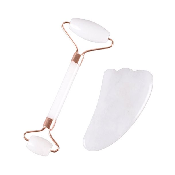Gua Sha St med Ansigtsrulle og Massageredskab - Hvid Jade