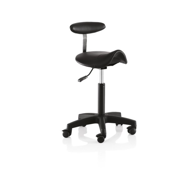Master Arbejdsstol til frisr i sadelform m. rygln - Bredt sde - Hjde: 82-93 cm.