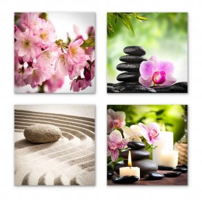 4 stk Feng Shui billeder med blomster, sand, sten og lys