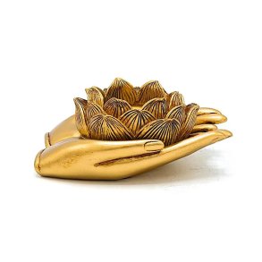 Fyrfadsstage Lotus hnder, guldfarvet - 11,5 x 9,4 x 4,8 cm