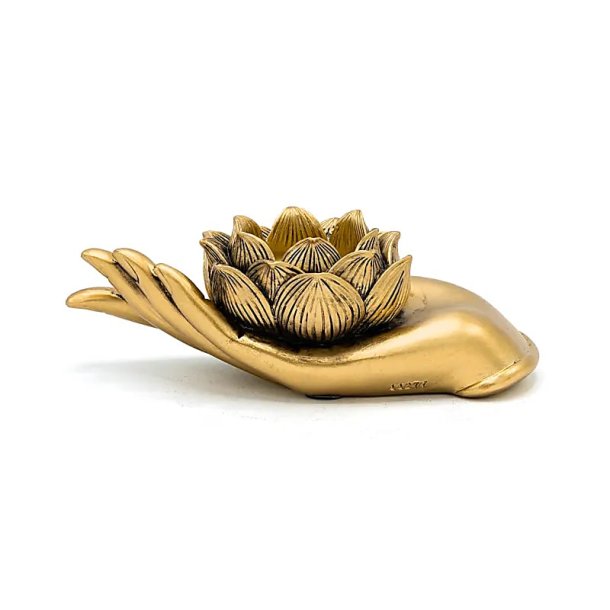 Fyrfadsstage Lotus hnd, guldfarvet - 16 x 8 x 5,5 cm