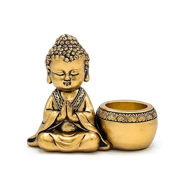 Fyrfadsstage Bedende Buddha, guldfarvet - 13x6x11 cm.