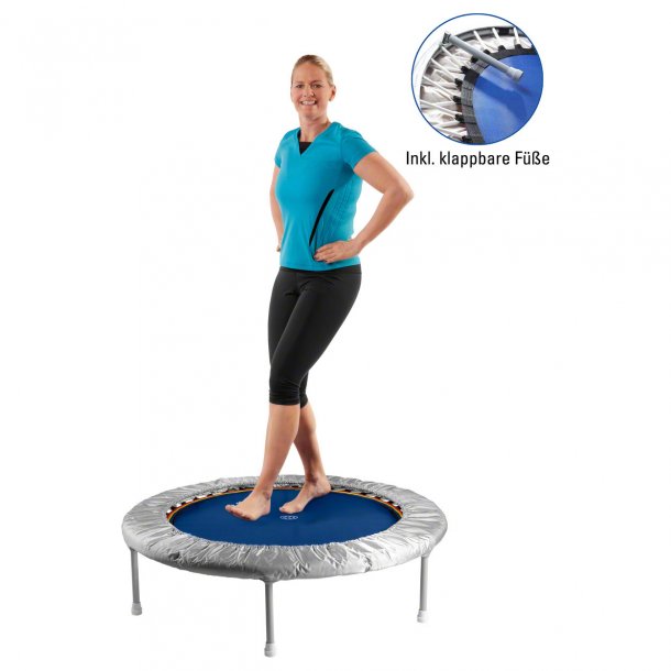 Smart lille trampolin med foldbare ben og gummikabler for blødere træning.