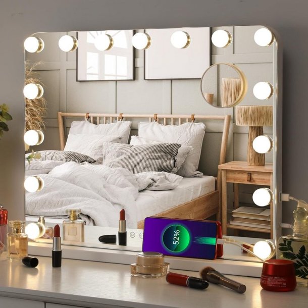 Hollywood Makeup-artist spejl med 15 LED prer og plads til Smartphone - Hvid
