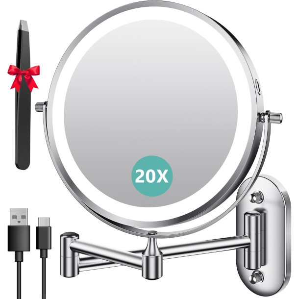 Auxmir kosmetikspejl LED med USB - 1 og 20 x forst�rrelse - � 20 cm