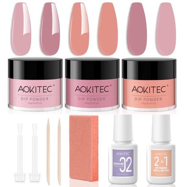 Aokitec Dipping Powder negle st, 3 farver - Pink, Yellow, Brown, Orange